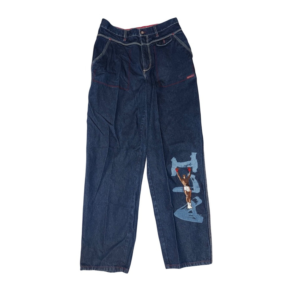 Platinum FUBU Muhammad Ali Vintage Baggy Jeans Dark Wash Red Stitch Mens 34